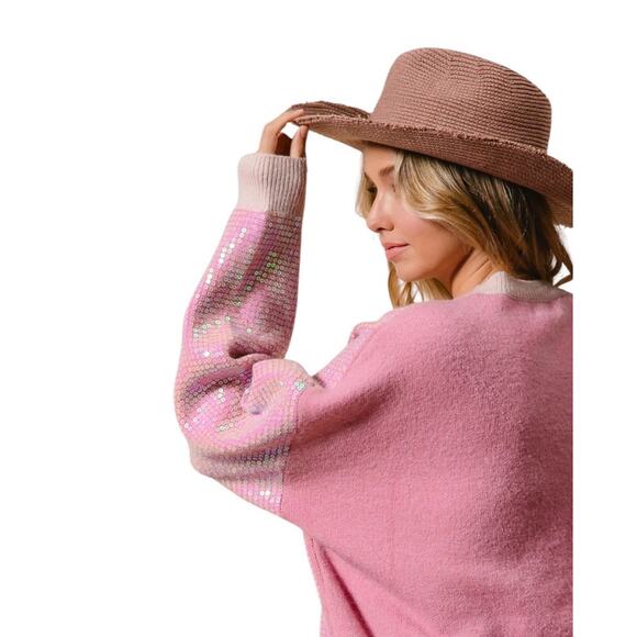 Bibi Women's Large Pink Red Christmas Sequin Long Sleeve Crew Neck Sweater Top - Picture 4 of 7